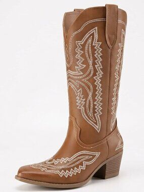 Women's Tan Polyurethane Cowgirl Square Toe boots Chunky Heel Mid-Calf Boots